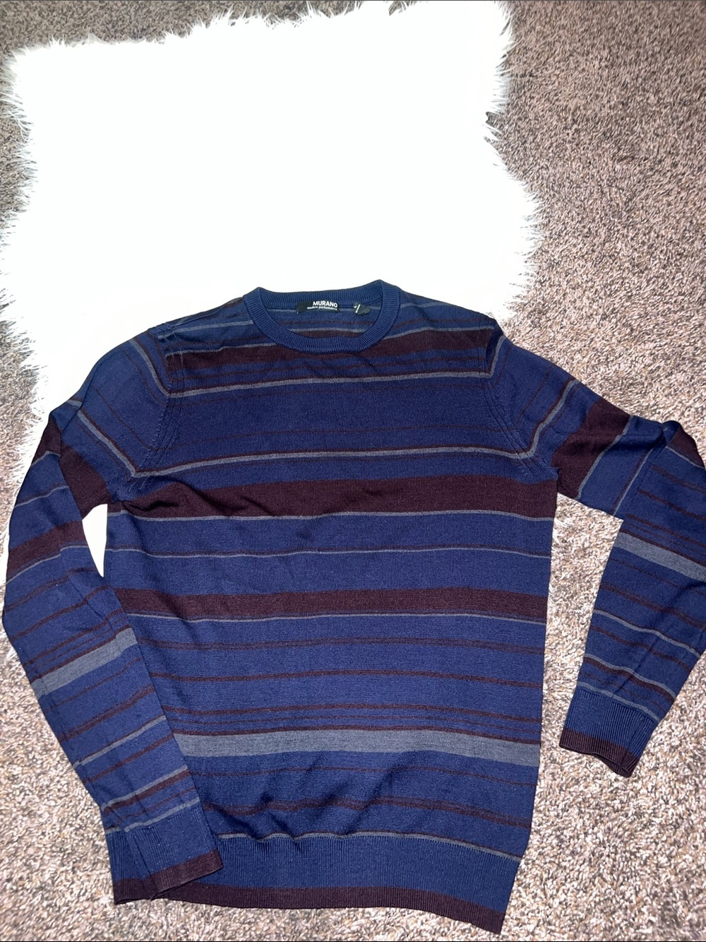 Murano Men's Navy and Burgundy Striped Crewneck Sweater